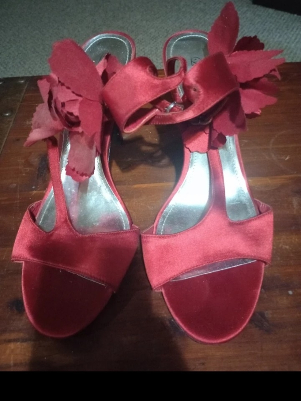 Lulu Townsend Red Satin Floral Ankle-Strap Heels